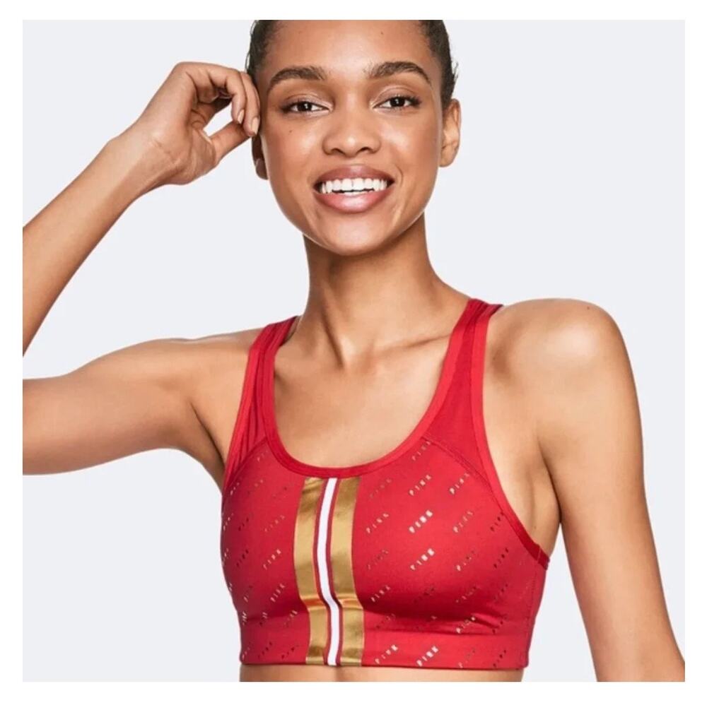 VS Pink Ultimate Racerback Sports Bra Red/Gold, Medium